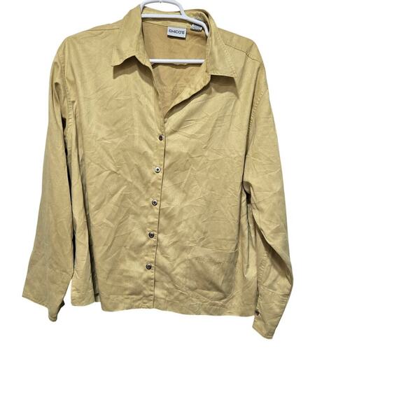 Chico’s Faux Suede Button Up Blouse Yellow Long Sleeve Top Size XL 3 - Picture 1 of 9